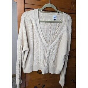 Cabi Sweater Size Large Cream Oversized Cropped V Neck Cable Knit Cottage Core